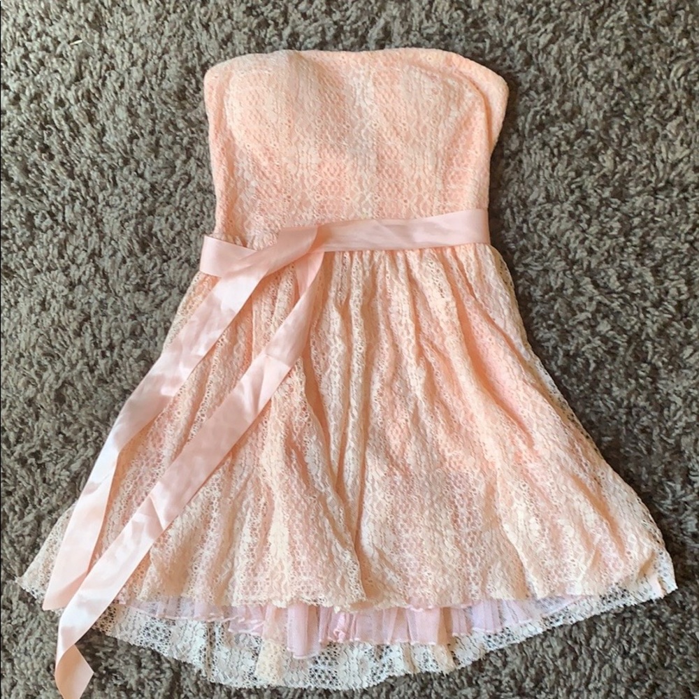 Pink strapless lace dress